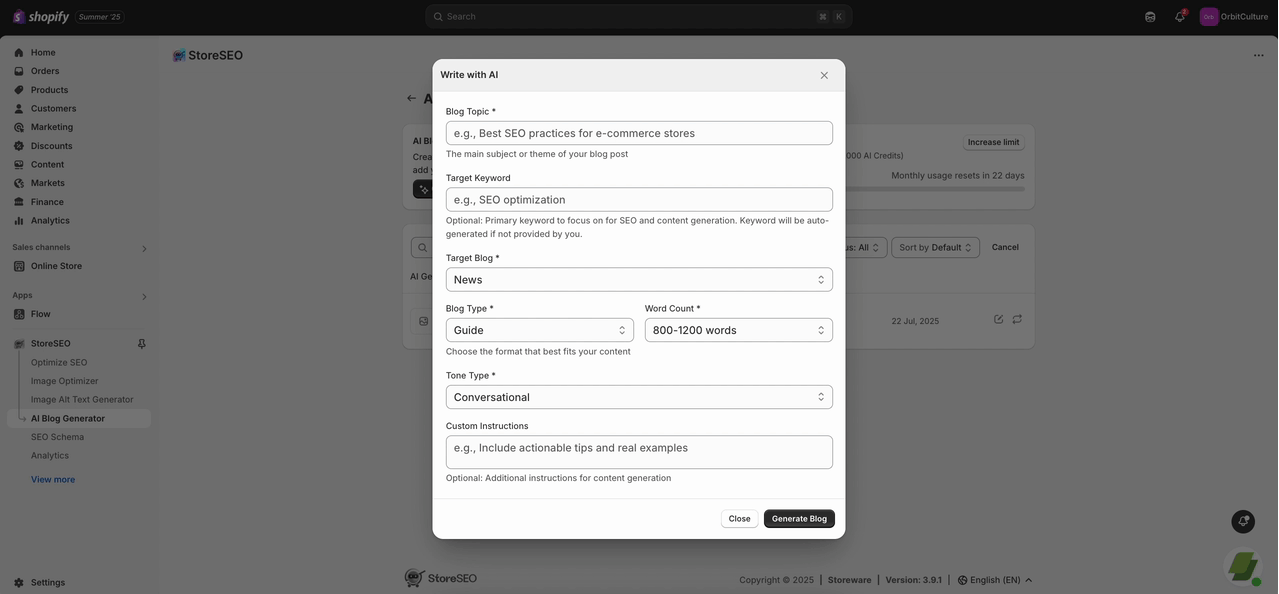 StoreSEO AI Blog Generator