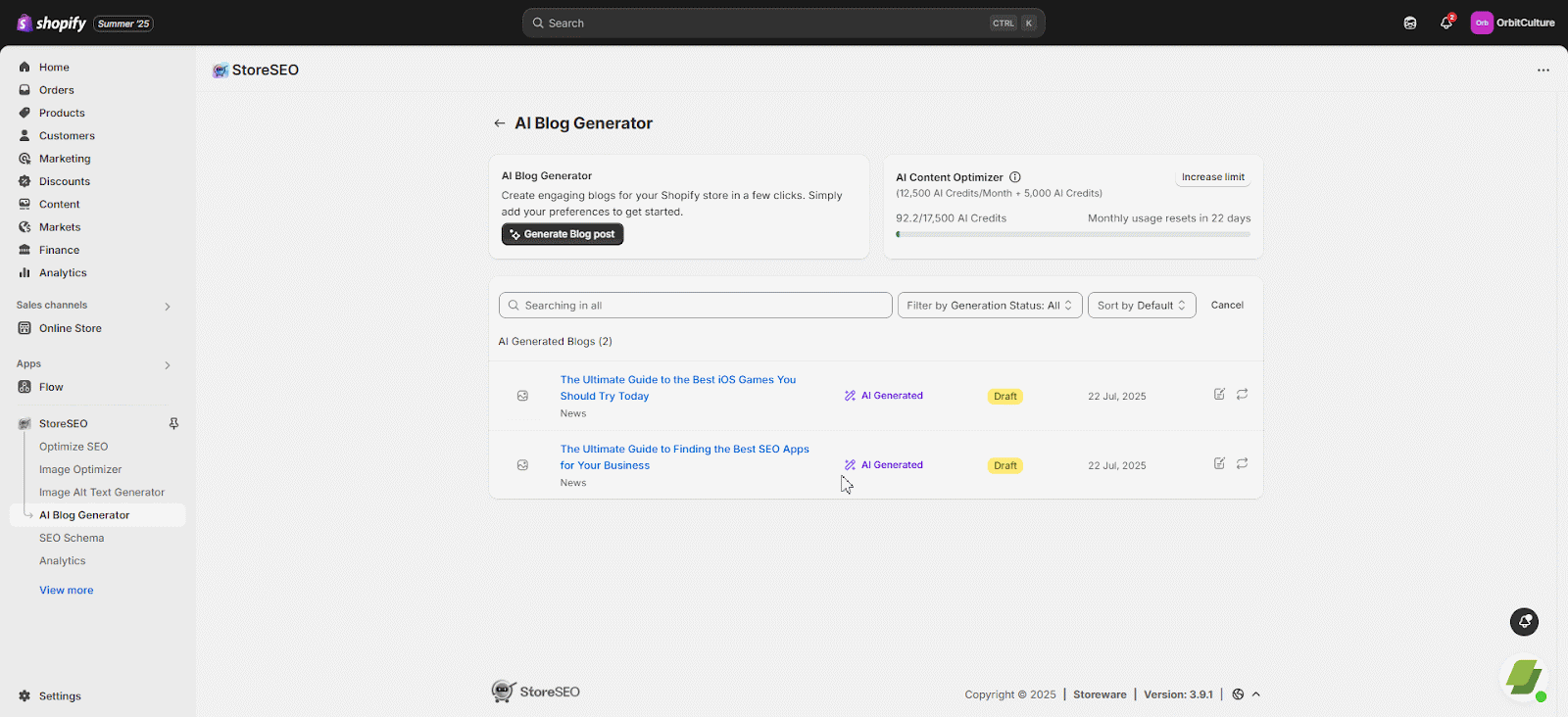 StoreSEO AI Blog Generator