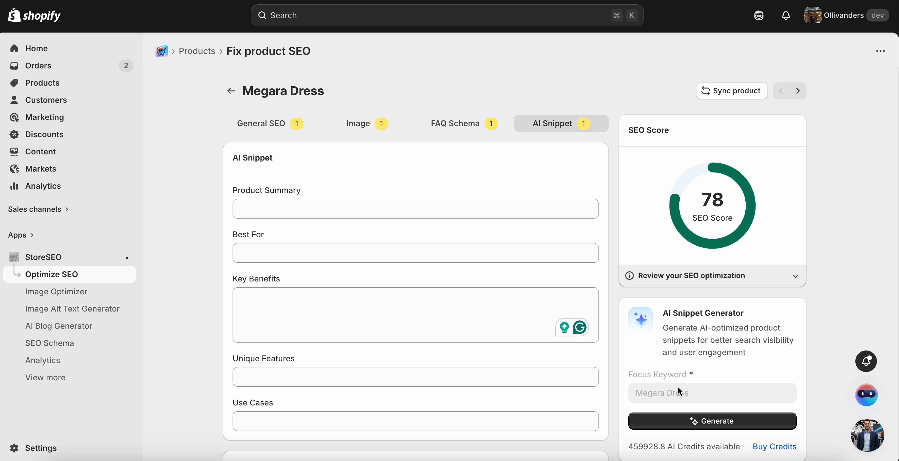 How To Generate AI Snippets To Shopify Products With StoreSEO 2 Generate AI Snippet