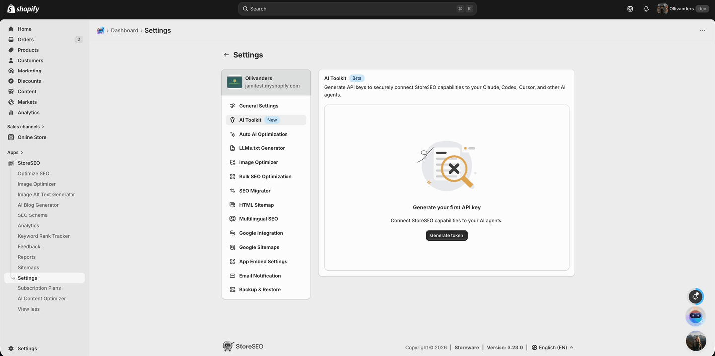 StoreSEO AI Toolkit: AI-Agent Friendly Solution for Your Shopify Store 2 Generate API Token