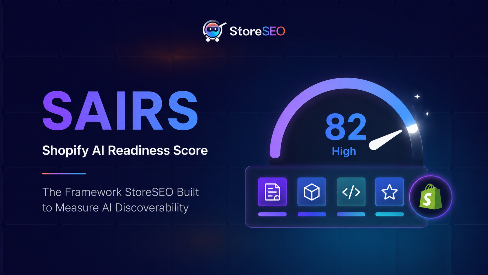Shopify AI Readiness Score (SAIRS): Het framework dat StoreSEO heeft ontwikkeld om de vindbaarheid van AI te meten. Shopify AI Readiness Score